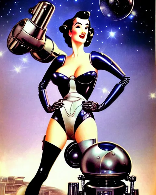 Image similar to closeup beautiful retro space dita von teese posing with a chrome robot in dieselpunk city at night, pinup, windblown dark hair, seductive, hyper detailed, digital art, smooth, sharp focus, gil elvgren, luis royo, alberto vargas, 1 9 5 0, when mars attacks