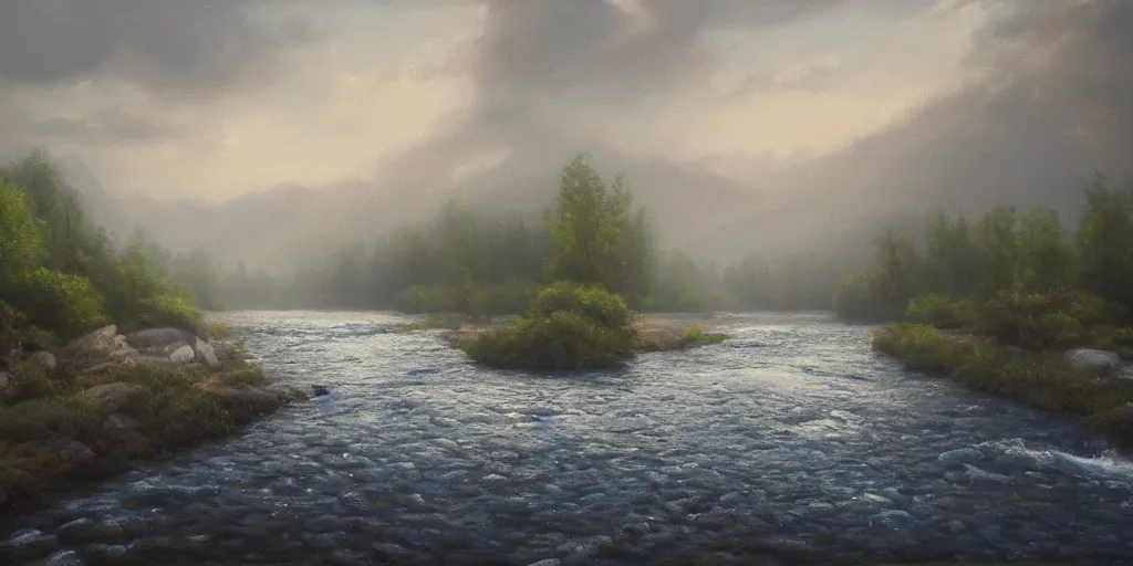 Prompt: a river, cinematic lighting, detailed oil painting, hyperrealistic, 8k