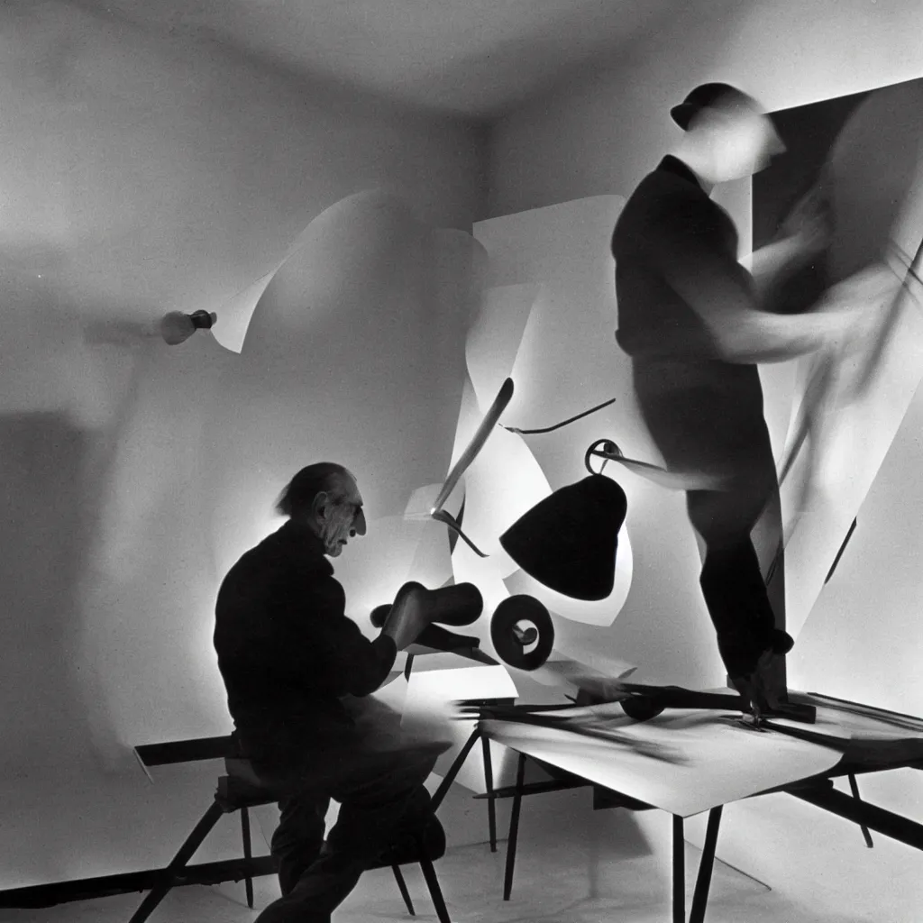 Image similar to a long exposure shot of Marcel Duchamp working on a readymade object, archival pigment print