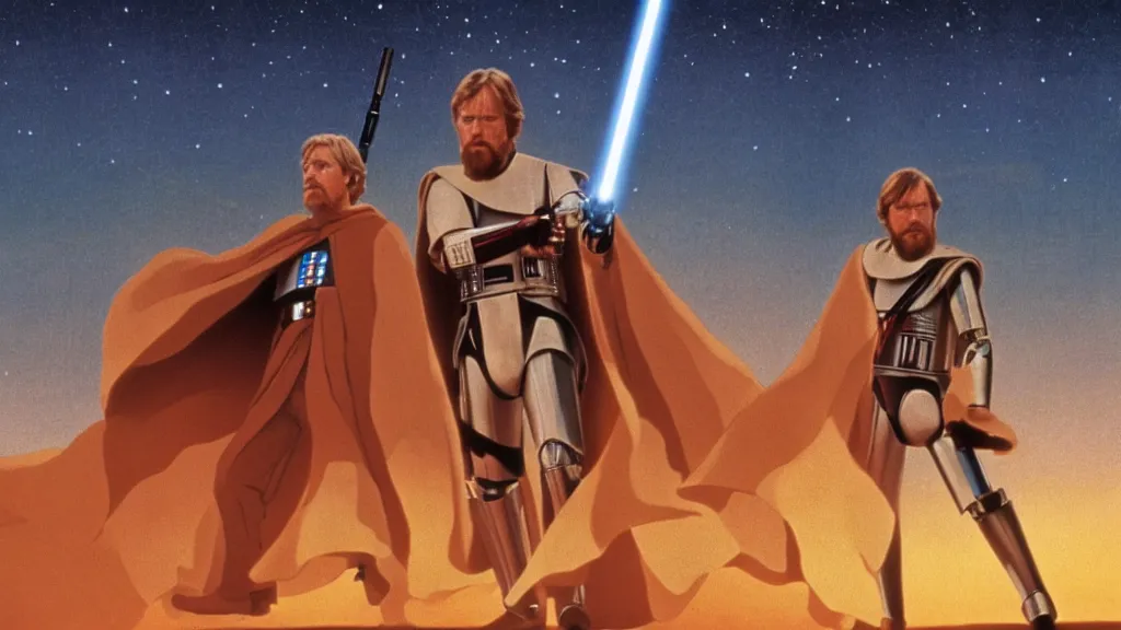 Image similar to film still Luke skywalker obi wan kenobi R2-D2 C-3PO tatooine sunset Star Wars a new hope 1977 studio ghibli animation