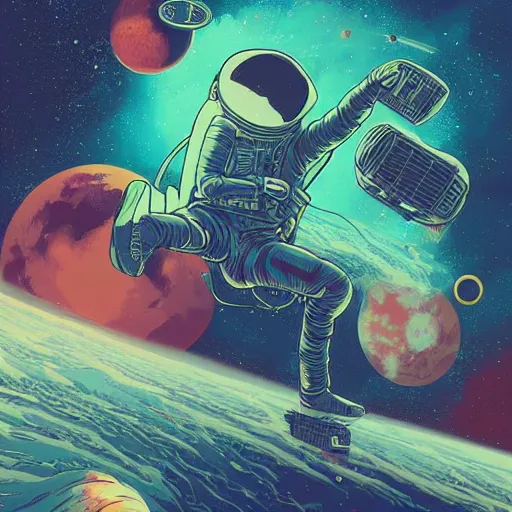 Prompt: astronaut falling on a nebula llustrated by laurie greasley, dan mumford, peter mohrbacher, hyper detailed, trending on cg society, crisp