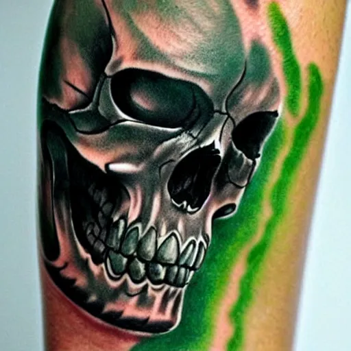Image similar to dark tattoo and snake wrapping around skull, green acid colors