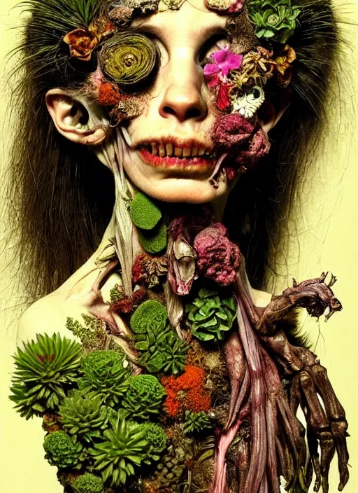 Prompt: beautiful and detailed rotten woman made of plants and many different types of flowers, muscles, intricate, organs, ornate, surreal, miguel angel, gustave courbet, caravaggio, romero ressendi, gunther von hagens