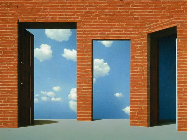 Image similar to an open door to infinity in brick wall with endless hallway inside the door, painting by rene magritte, centered, high detail!!!, high resolution!!!