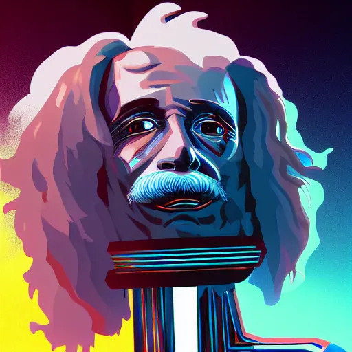 Image similar to A young Albert Einstein as a robot, synthwave style, hacker, dramatic lighting, artstation, 8K, detailed