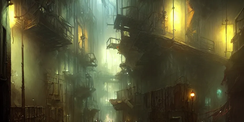 Image similar to dark city alleyway by bastien lecouffe - deharme and charles bowater, greg rutkowski, adventure game, inspired by diablo concept art