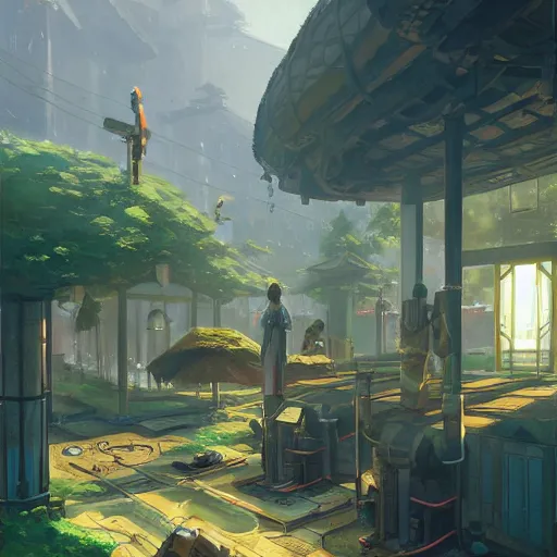 Image similar to A futuristic japanese solarpunk scientific village on a sunny day, art by Andreas Rocha and greg rutkowski, highly detailed, digital painting, matte painting, concept art, illustration, warm lighting, trending on artstation, very detailed