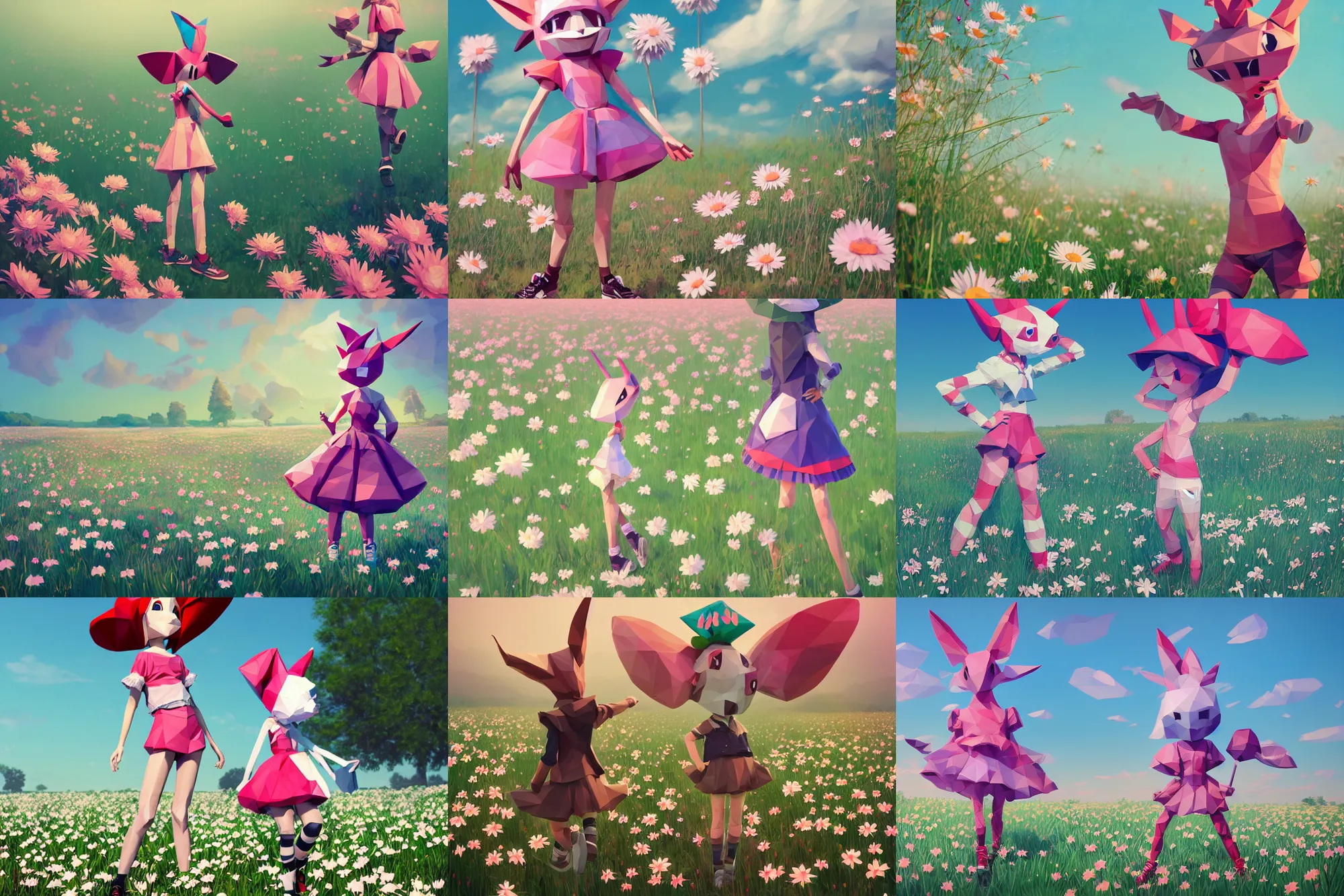Prompt: lowpoly ps 1 playstation 1 9 9 9 anthropomorphic lurantis girl standing in a field of daisies wearing converse shoes and a davey crockett hat, digital illustration by ruan jia on artstation