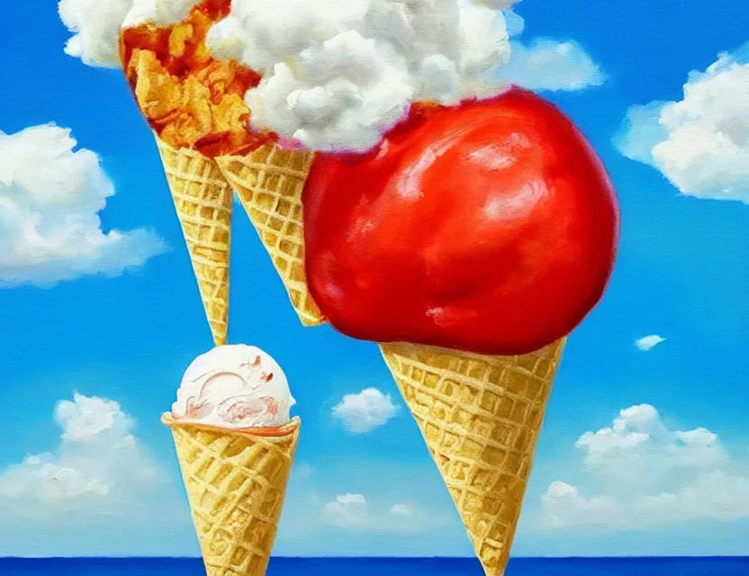 Image similar to a realistic painting of a tomato on a very sunny beach eating ice cream in a cone but the icecream is made of white clouds on a blue sky
