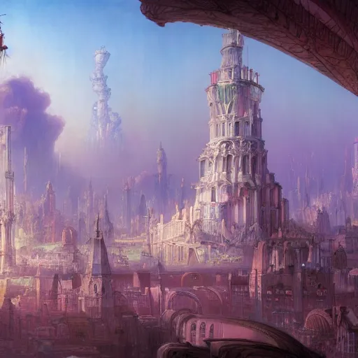 Prompt: a beautiful render of pink and white city in the air, by hubert robert, daniel merriam, roger dean and jacek yerka, alex grey style, soft lighting, 8 k hd wallpaper : 2, jpeg artifacts : - 1