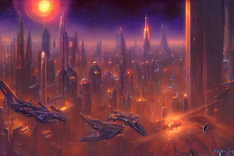 Prompt: a scifi illustration, Night City on Coruscant by ralph horsley