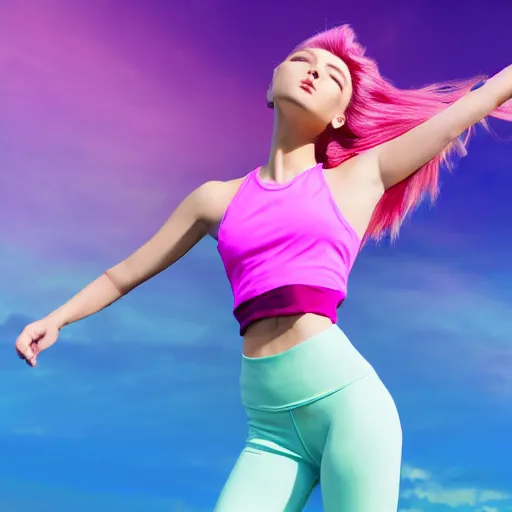 Image similar to a award winning half body shot of a beautiful woman in a croptop and leggings with a ombre purple pink teal hairstyle with head in motion and hair flying, outrun, vaporware, highly detailed, fine detail, intricate