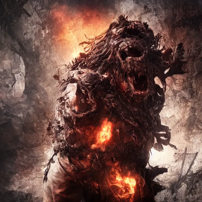 Prompt: gritty apocalyptic figure smiling with burning heart, octane render, 4 k ultra hd, hyper - detailed, seedy lighting, sharp focus, fantasy dark art