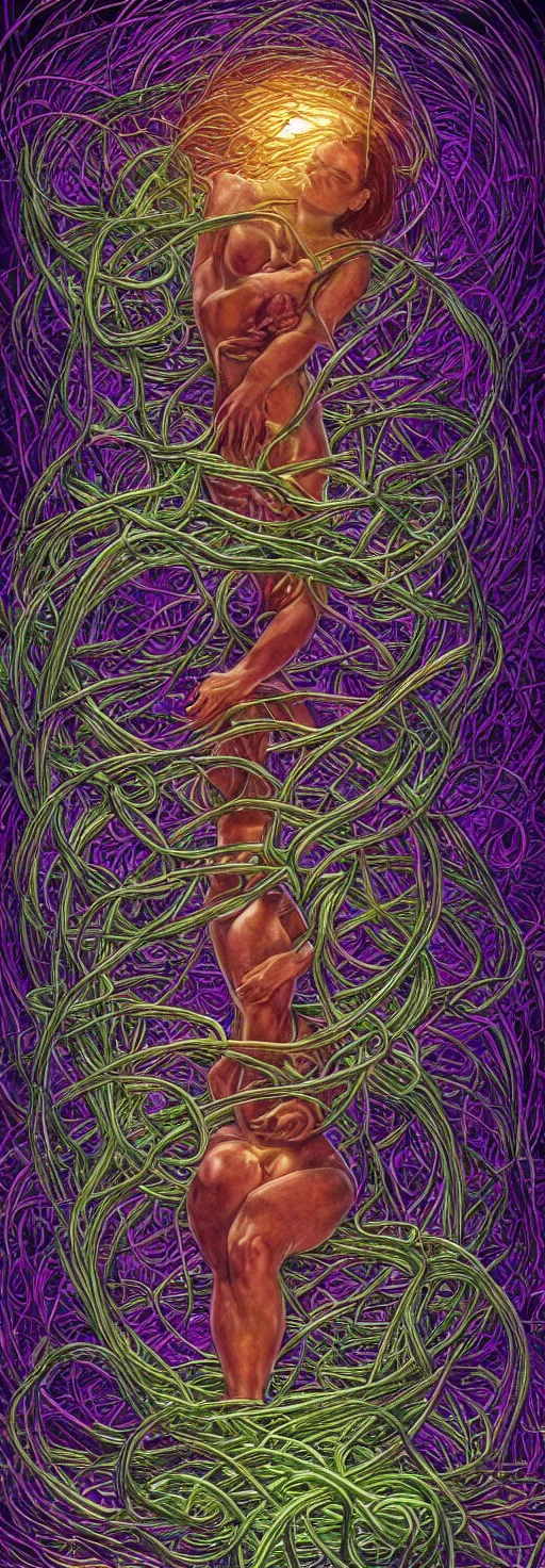 Image similar to a person trapped in the fetal position inside of extremely thick iridescent vines intertwined, central circular composition, high saturation, epic lighting, in the style of Peter gric and Amanda Sage 8k