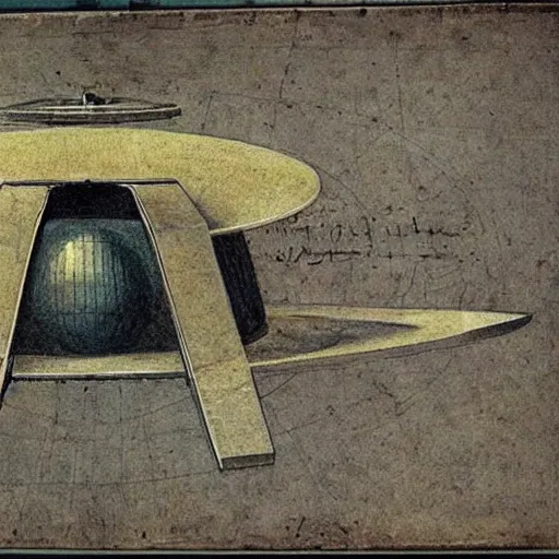 Image similar to vintage, detailed, colored sketch of ufo construction, all parts, with full descriptions, on old parchment, by leonardo da vinci!