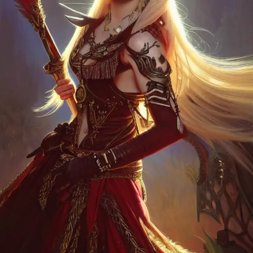 Prompt: Avril Lavigne as a Blood Elf, western, D&D, fantasy, intricate, elegant, highly detailed, digital painting, artstation, concept art, matte, sharp focus, illustration, art by Artgerm and Greg Rutkowski and Alphonse Mucha