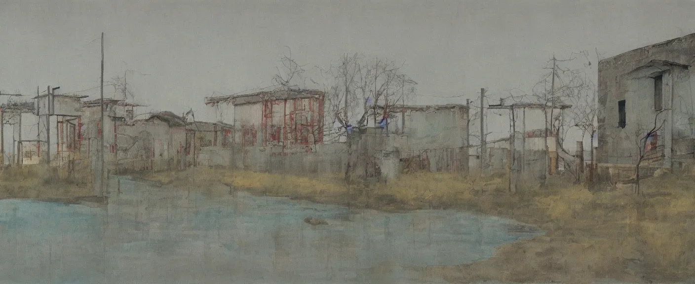 Image similar to a chinese prison near a river by peter doig, muted colors