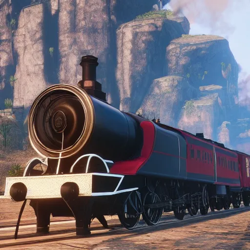 Image similar to futuristic sleek steam locomotive in red dead redemption 2