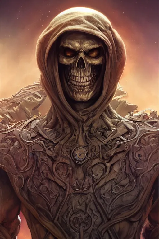 Image similar to ultra realistic illustration, skeletor from masters of the universe, sci - fi, fantasy, intricate, elegant, highly detailed, digital painting, artstation, concept art, smooth, sharp focus, illustration, art by artgerm and alphonse mucha