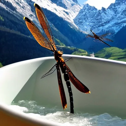 Image similar to dragonfly in a bathtub in the alps, goat!!!!! in background