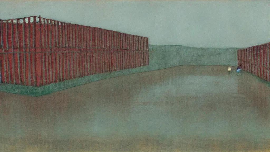 Image similar to a chinese prison near a river by peter doig, muted colors