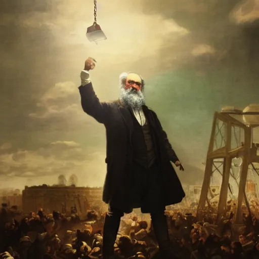 Prompt: Karl Marx lifting a factory above his head, epic composition, cinematic lighting, extremely detailed, 4k/8k,