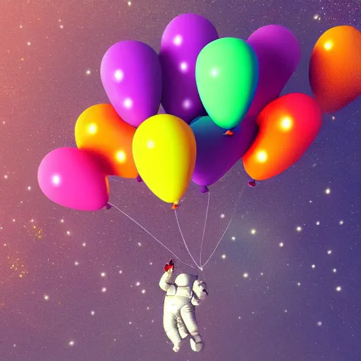 Image similar to an Astronaut floating away holding onto a bunch of colourful balloons, vivid colors, artstation