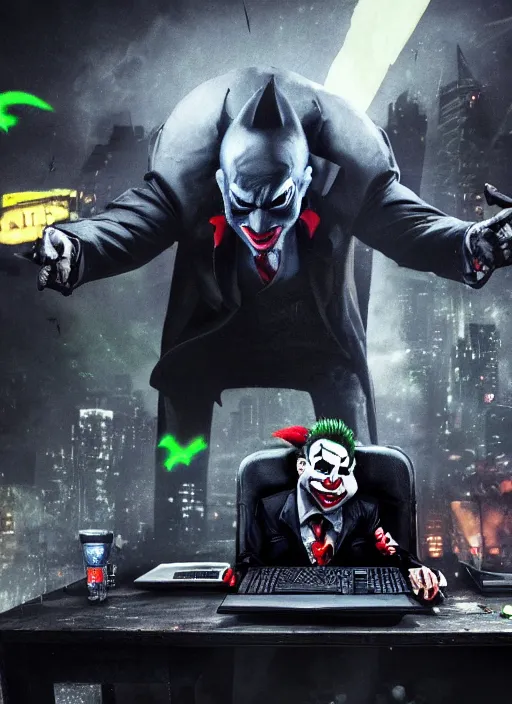 Image similar to Rat with Joker face paint sitting on gamers chair on gaming computer typing on keyboard, gaming, computer, gamers keyboard, looking sad, crying in the dark and gloom, defeating Batman, realistic, digital art, 4k, cinematic lighting, explosion in the background