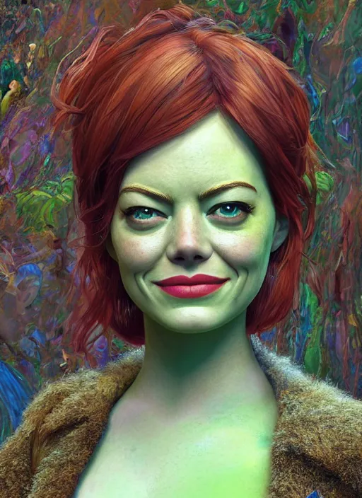 Prompt: portrait of emma stone as shrek, disney style, naturel, hyper detailed, digital art, trending in artstation, cinematic lighting, studio quality, smooth render, unreal engine 5 rendered, octane rendered, art style by klimt and nixeu and ian sprigger and wlop and krenz cushart.