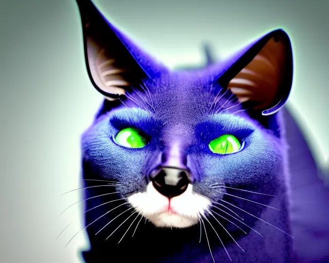 Image similar to a blue - and - black male blue / green heterochromatic catbat fursona with blue / green heterochromatic eyes ( one eye green ) and huge bat ears, photo of the catbat streaming on his computer