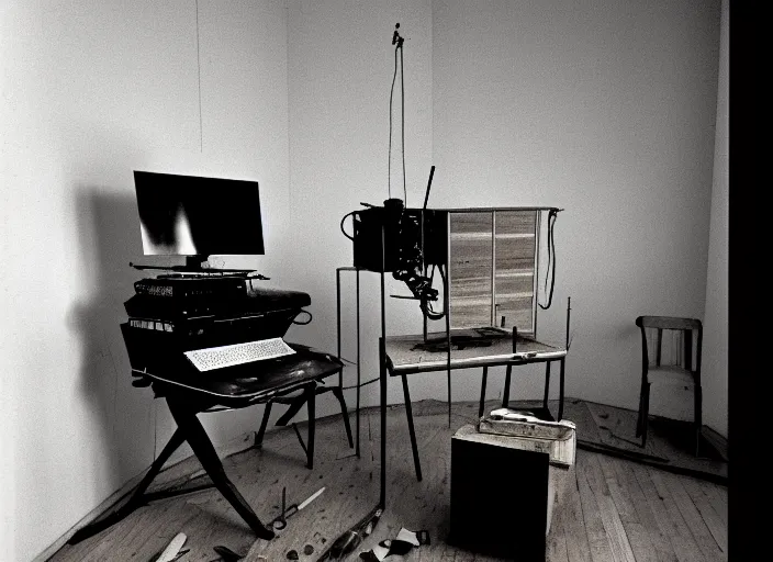 Prompt: realistic photo portrait of the a computer of wood, poorly designed in style of arte povera, fluxus, dadaism, joseph beuys, ugly made, levitating in the living room wooden walls 1 9 9 0, life magazine reportage photo