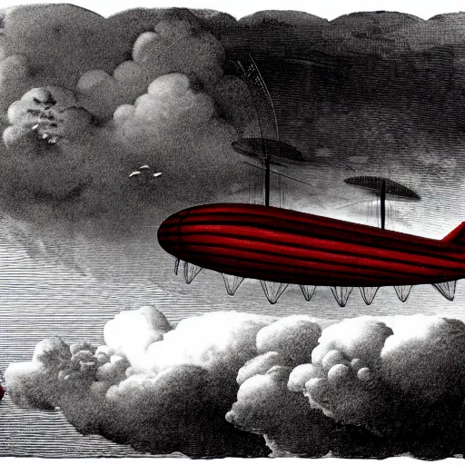 Prompt: victorian airship flying into a violent thunderstorm, red gold gray, rich, highly detailed, realistic, illustration, gritty