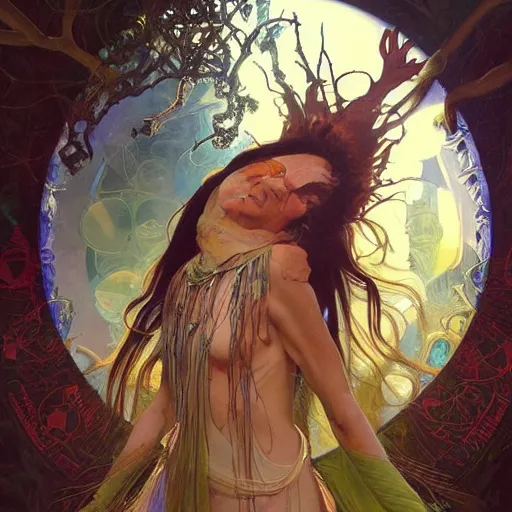 Prompt: an acrylic on canvas portrait of Kramer Shaman Lightworker Alchemist Druid, Mystery, Love, wholeness, rooted lineage, web of life, open eye freedom by Greg Rutkowski, Artgerm and Alphonse Mucha. Epic fantasy art.