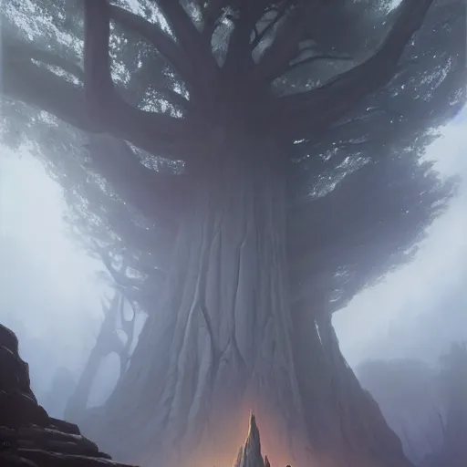 Image similar to stone humanoid colossus by grzegorz rutkowski and richard wright and peter mohrbacher and dan scott, atmospheric haze, stormy, redwood forest, gigantic trees, tiny woman in cloak in foreground silhouette, large scale