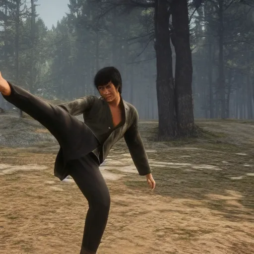 Prompt: Film still of Bruce Lee, from Red Dead Redemption 2 (2018 video game)