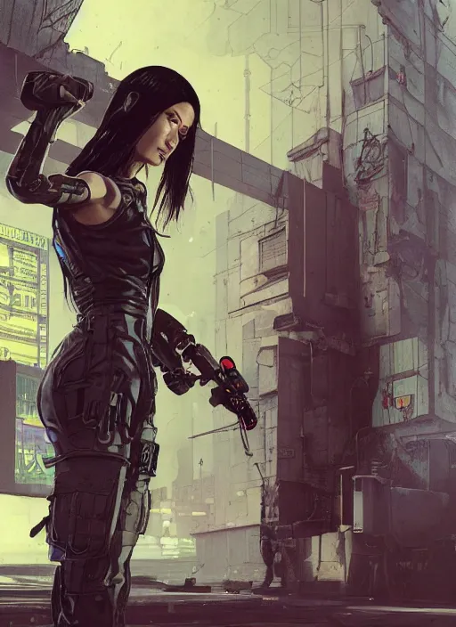 Image similar to nikki tanaka. cyberpunk mercenary in tactical harness and jumpsuit. dystopian. portrait by stonehouse and mœbius and will eisner and gil elvgren and pixar. realistic proportions. cyberpunk 2 0 7 7, apex, blade runner 2 0 4 9 concept art. cel shading. attractive face. thick lines. moody industrial landscape.