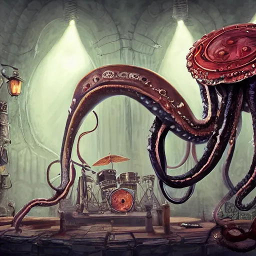 Image similar to fantasy steampunk giant Squid with tentacles and sushi knife frantically playing a big rock&roll drum set in the spotlight dystopian photorealistic, by Philipp A. Urlich and Pengzhen Zhang an Andreas Rocha, fantasy, intricate, elegant, highly detailed, digital painting, artstation, blender, unreal engine 5, octane render, smooth, sharp focus, illustration