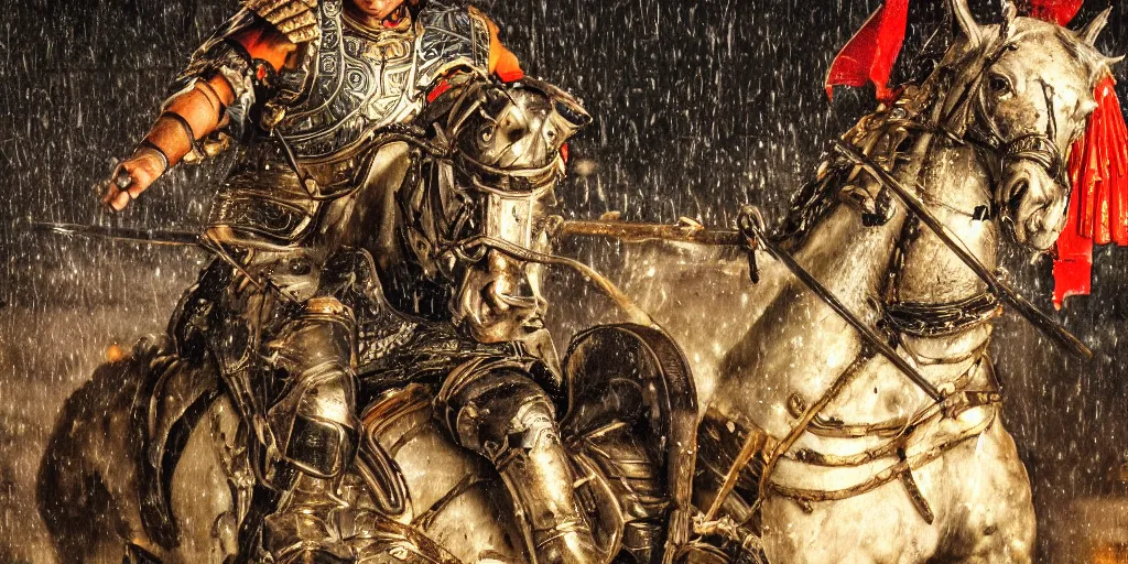 Image similar to close up macro shot of a roman general riding a horse fighting a samurai with swords on wet tokyo street at night, intricate, hyper detailed, smooth, dramatic lighting, cinematic