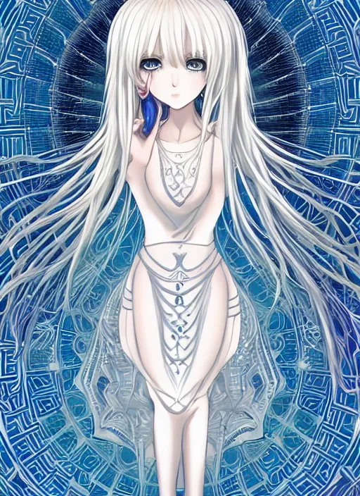 Prompt: visual novel character, symmetrical full body shot, stunningly beautiful asi goddess with beautiful hyperdetailed symmetrical face, porcelain skin covered in long white dress, long white hair, symmetrical, overwhelming, innocent, ethereal, mesmerizing cyan eyes, 2 d anime style, 8 k