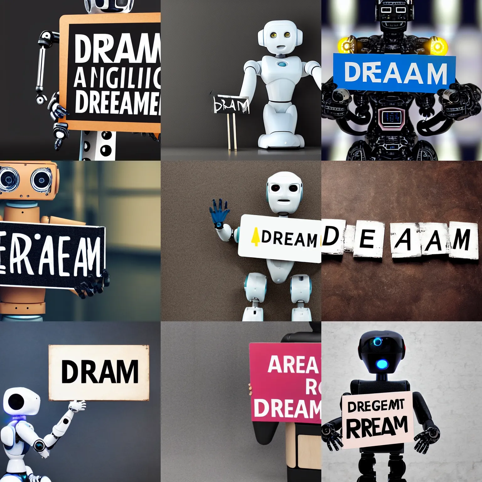 Image similar to artificial intelligence robot holding a sign with text that reads : dream