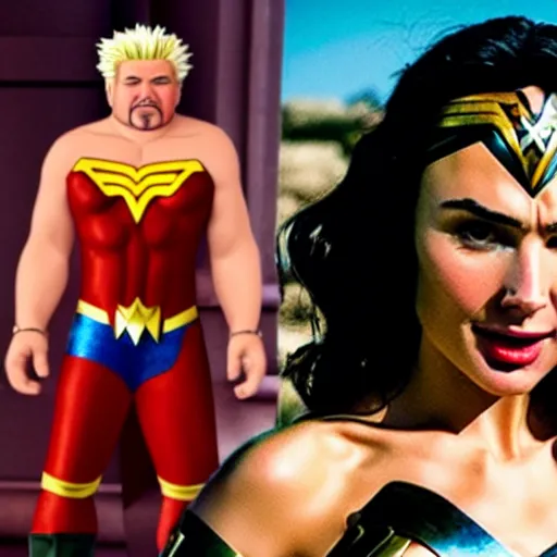 Prompt: Cinematic movie still of Gal Godot Wonder Woman cosplaying as Guy Fieri but it\'s actually Guy Fieri