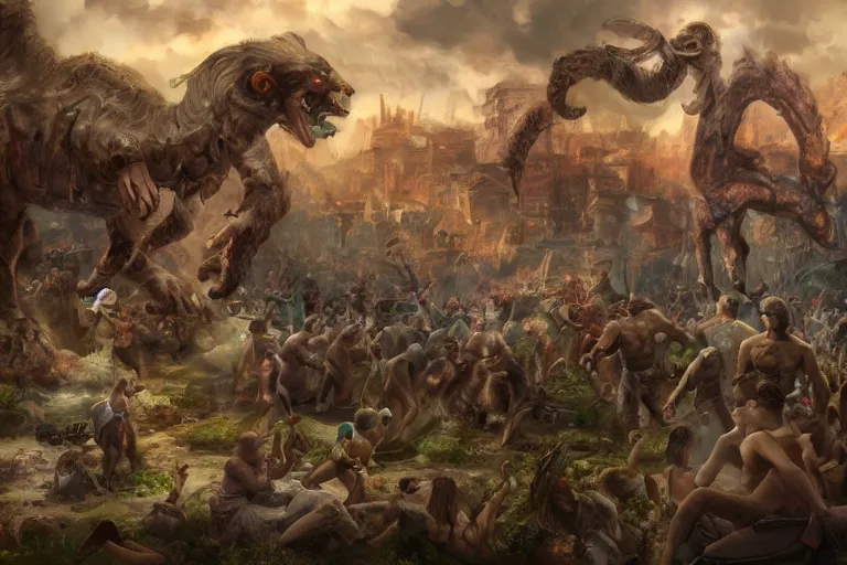 Image similar to a chimera being praised by a horde of people in a village, digital painting, mixed media, trending on artstation and deviantart, epic composition, highly detailed, 8 k