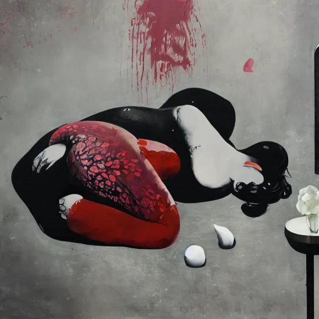 Image similar to empty room with black walls, sensual portrait of a woman sleeping, japanese vase, white flowers, puddle of water, octopus, squashed berries, neo - expressionism, surrealism, acrylic and spray paint and oilstick on canvas