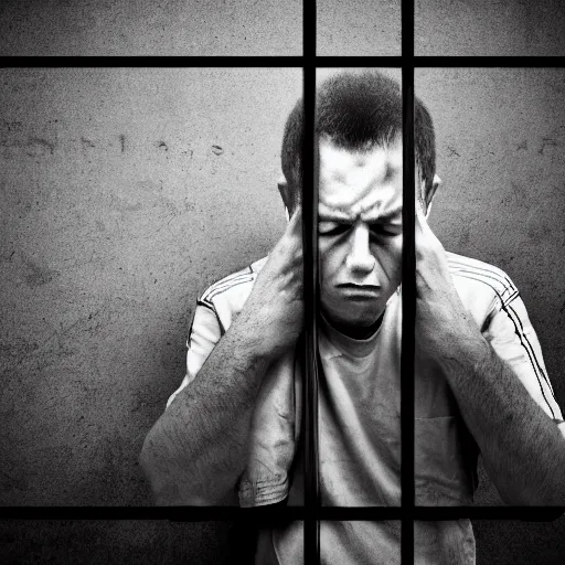 Image similar to sad prisoner holding ipad, prison cell, photorealistic, frustrated expression, dark mood, hopelessness, gloomy