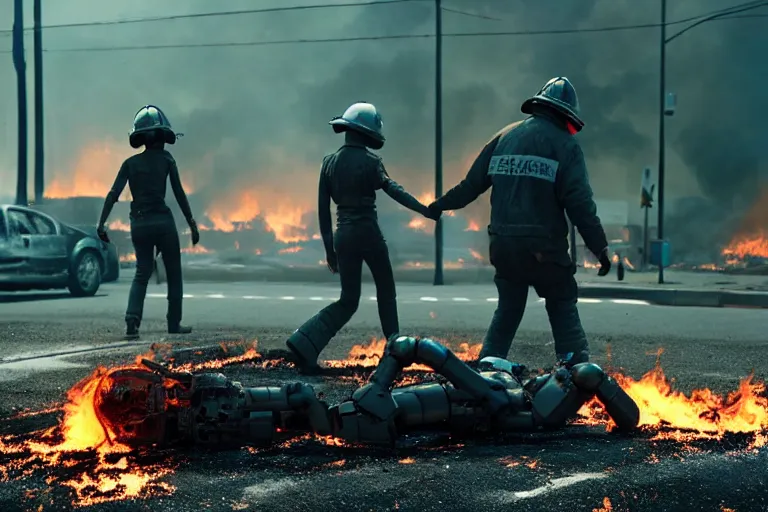 Image similar to vfx film closeup, dead robot couple on the ground holding hands, city street tire tracks fire. flat color profile low - key lighting award winning photography arri alexa cinematography, hyper real photorealistic cinematic atmospheric cool colorgrade