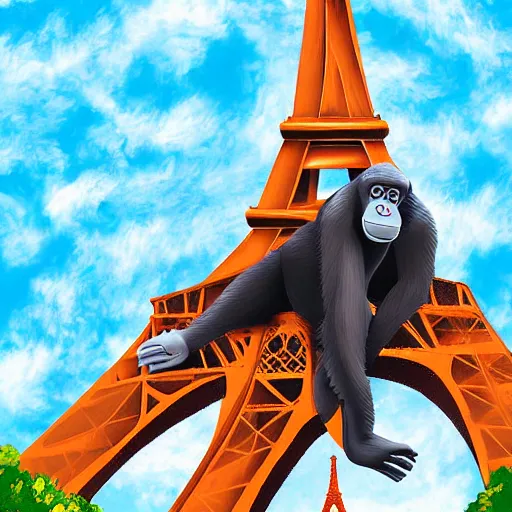 Image similar to A giant ape climbing the Eiffel tower while wearing a beret with a baguette in his hand, Detailed Digital art
