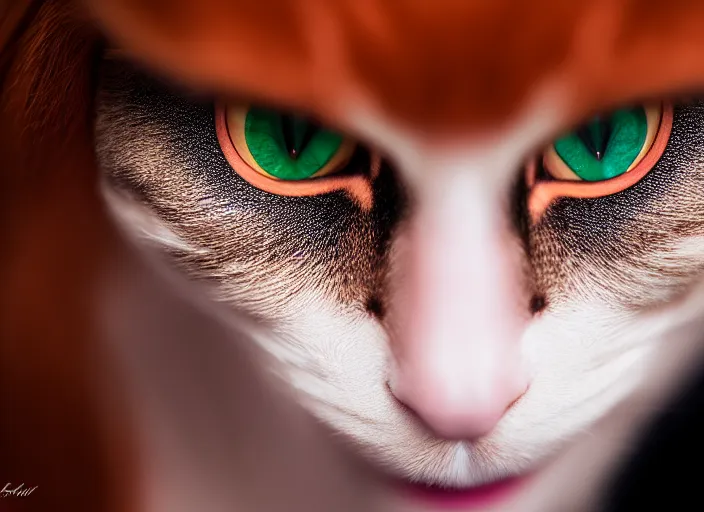 Image similar to 5 5 mm portrait photo of a redhead woman's face with ( intricate cat eyes )!!. highly detailed 8 k. intricate. lifelike. soft light. nikon d 8 5 0. cinematic post - processing