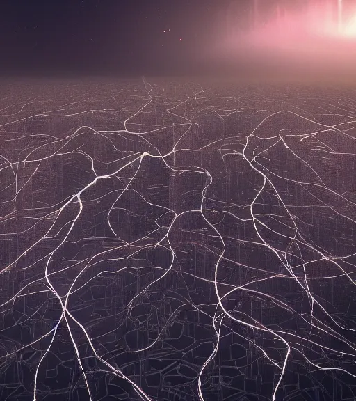 Prompt: surreal neuron city tower, only a flash of light breaking the waves, made of crystalized synapse, aerial iridecent veins, moonbow, in the desert, foggy sky, dark starry night, octane render, unreal engine, pale colors, high detail, 8 k, wide angle, trending on artstation, behance