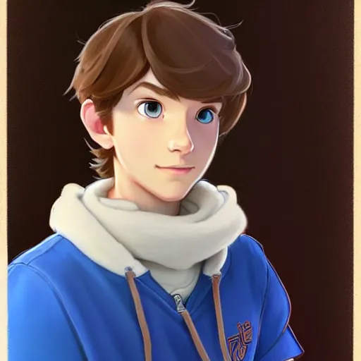 Image similar to teen boy with brown hair and big blue eyes, wearing a hoodie, holding a fluffy white persian cat, natural lighting, path traced, highly detailed, high quality, digital painting, by don bluth and ross tran and studio ghibli and alphonse mucha, artgerm, breath of the wild