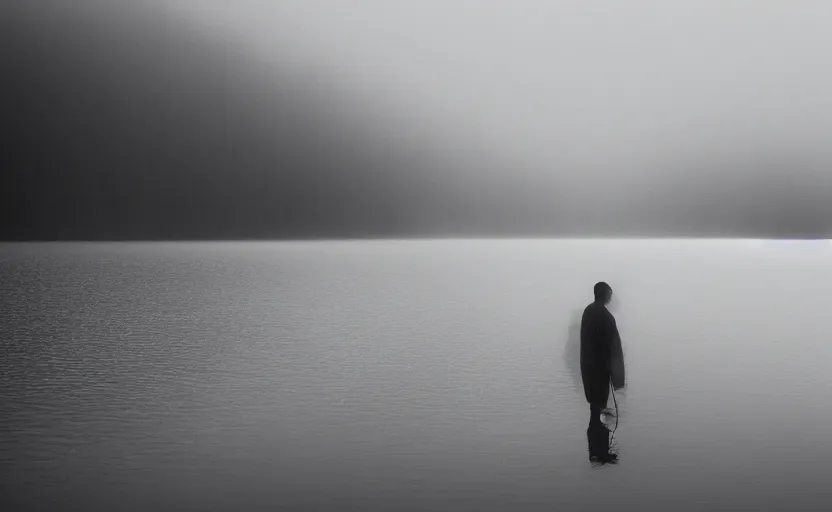 Prompt: cinematic shot of a lonely man at a suicide lake, moody scene from being john malcovich directed by charlie kaufman ( 2 0 0 1 ), foggy volumetric light morning, anamorphic lenses, kodak color film stock